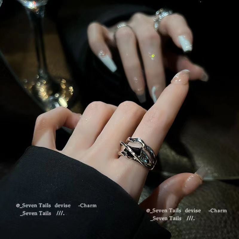 Niche Design Irregular Black Zircon Ring, Dark Punk Style Adjustable Open Band For Men Women