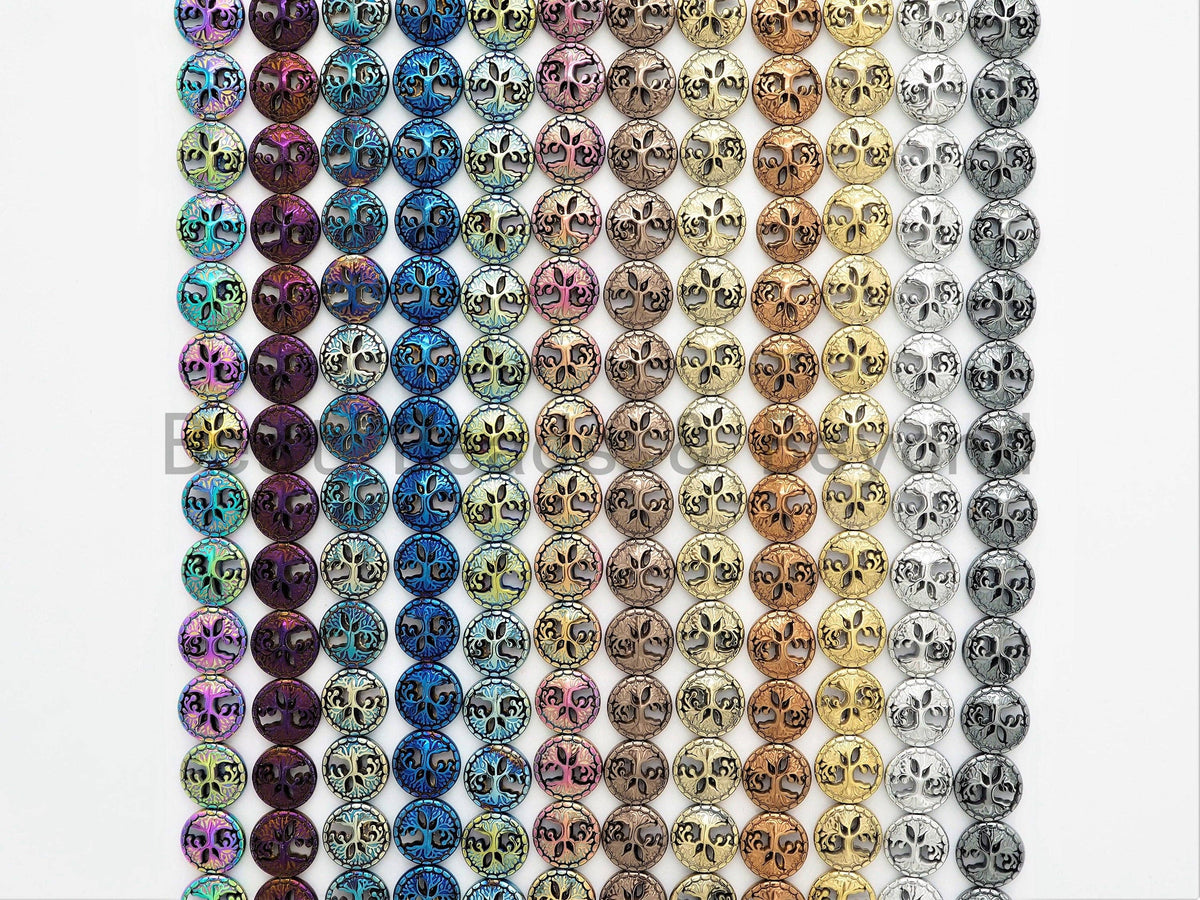 NEW Style Coin Shape Peace Tree Pattered Hematite 12mm Beads, Blue/Green/Rainbow Color Hematite, 15inch FULL Strand, SKU#U428