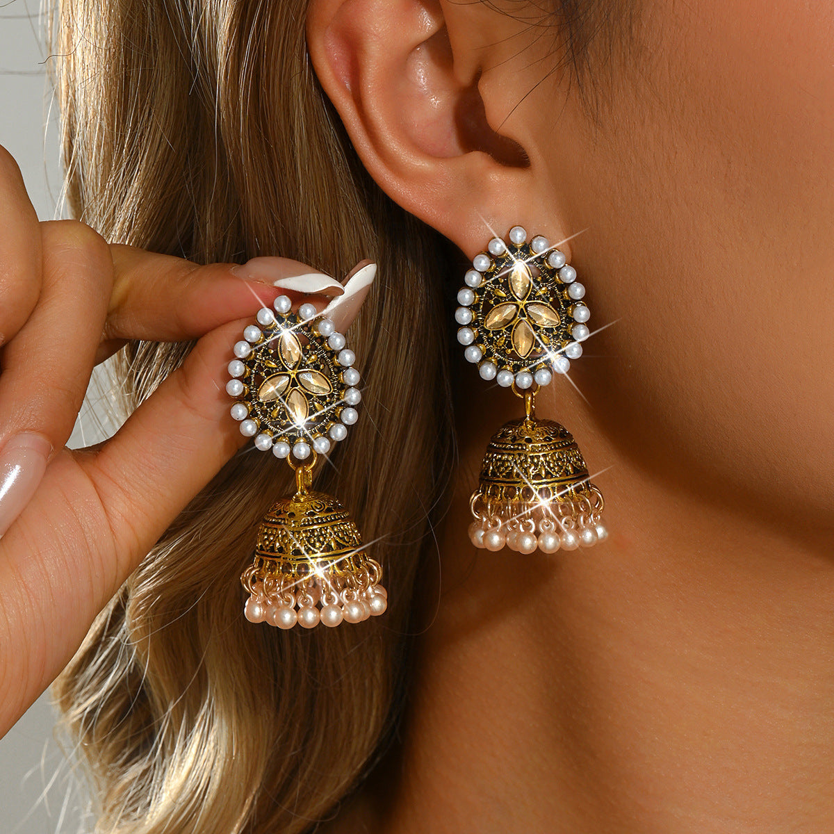 Womens Bohemian Retro Teardrop Rhinestone Pearl Inlaid Tassel Bell Earrings,Costume Earrings For Daily Vacation Party Wear