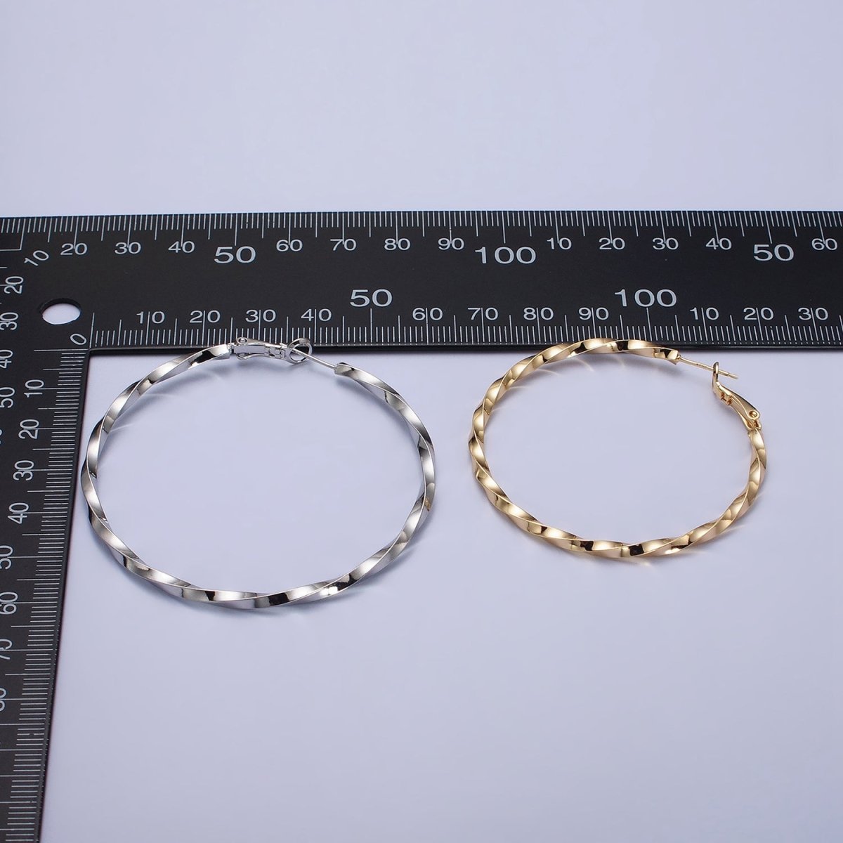 60mm, 50mm Gold Filled Twist Geometric Hoop Hinge Latch Earrings in Gold & Silver | AB-499 - AB-502