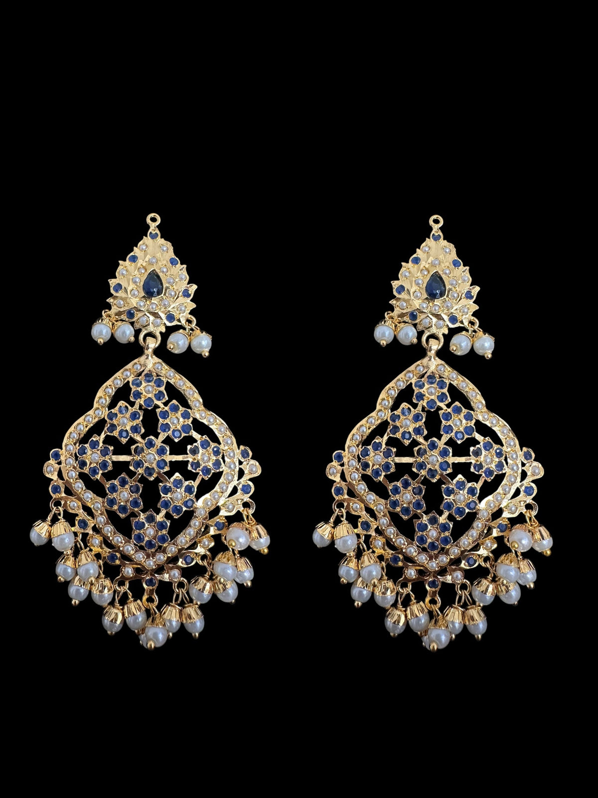 DJET89 Mehru Jadau chandbali earrings tika in sapphire pearls ( READY TO SHIP )