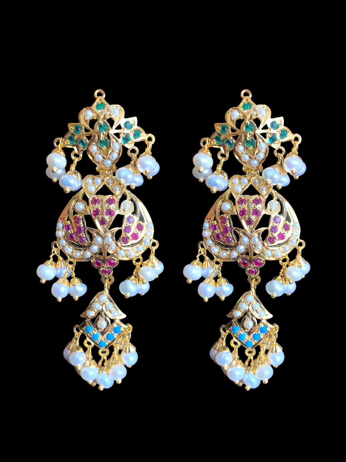 Navratan necklace  set with fresh water pearls in gold plated silver ( READY TO SHIP )