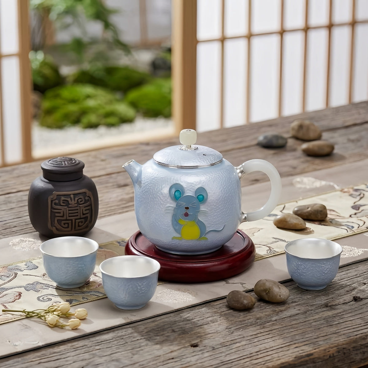 Pure 999 Fine Silver Artistic Blue Enamel Silver Teapot with Playful Mouse Motif and Jade Accents - Handicraft