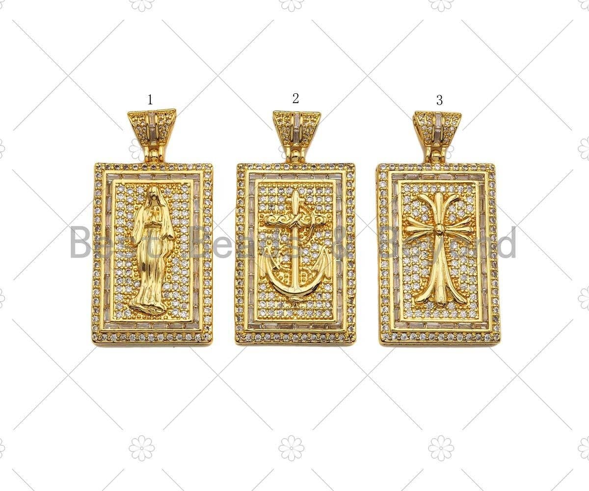 CZ Micro Pave Virgin Mary Cross Anchor On Rectangle Charm/Pendant,Rectangle Pave Pendant, 24x47mm,Sku#LD20
