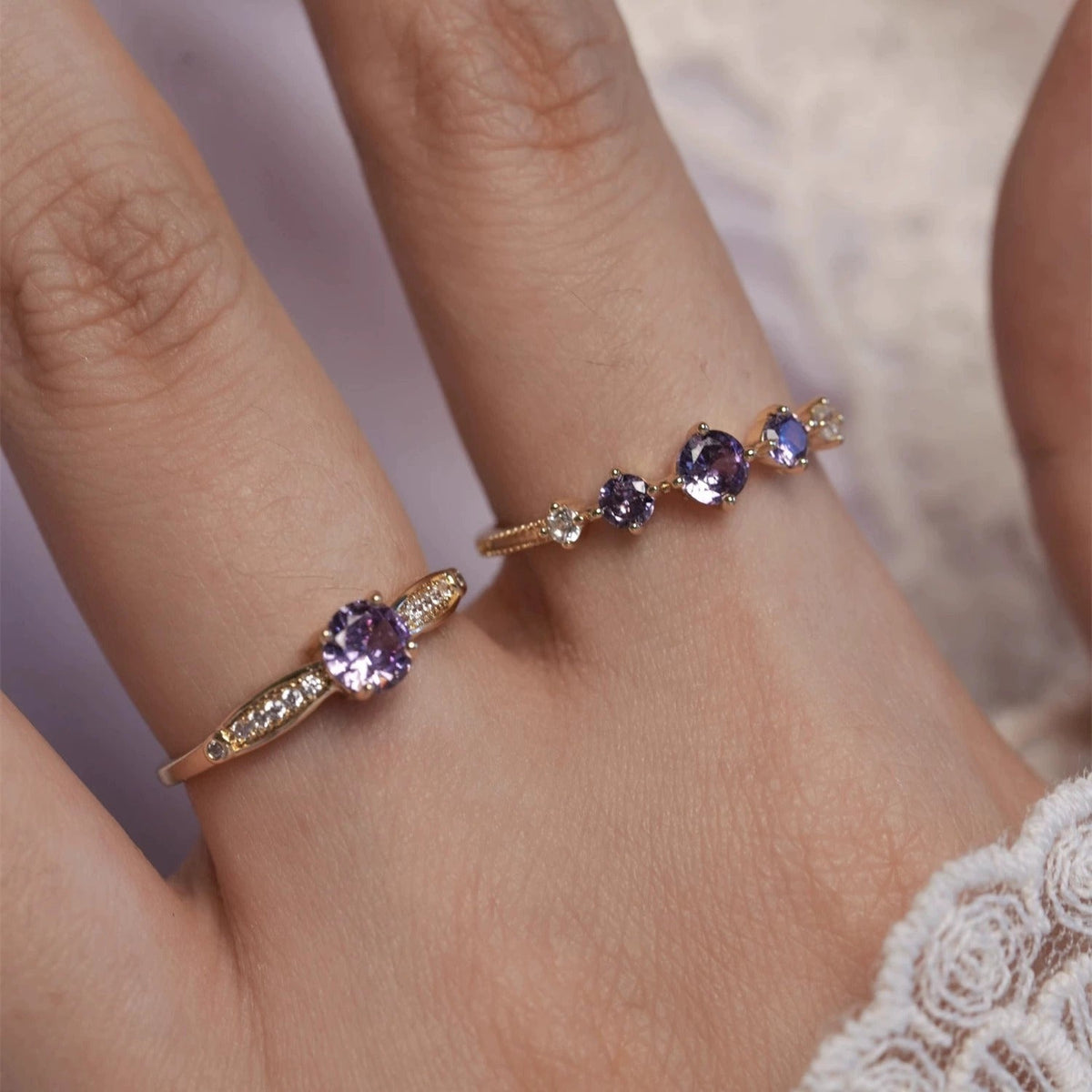 French Retro High-End Gentle Light Luxury Micro-Set Sparkling Purple Zircon Open Ring