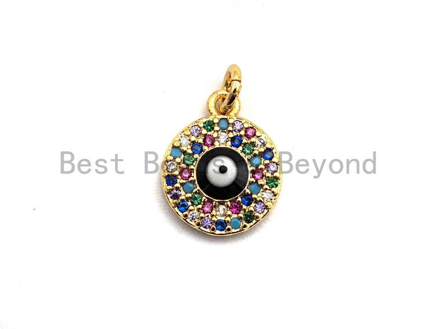 CZ Colorful Micro Pave Round With Evil Eye Pendant, Coin Shaped Pave Pendant, Gold plated, 10x12mm, Sku#F842