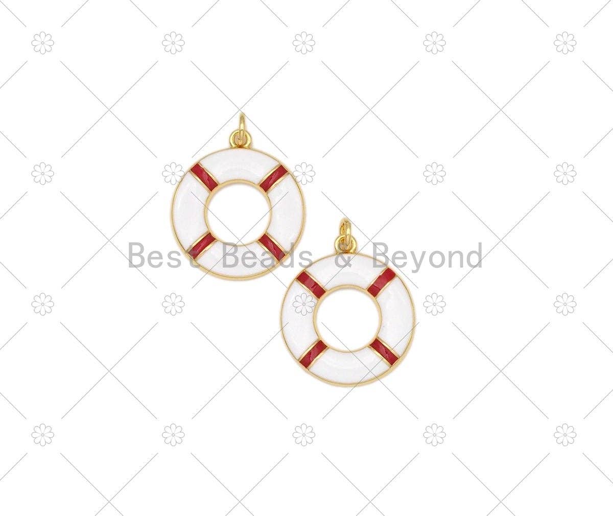 White Red Enamel Lifebuoy Shape Pendant,18K Gold Filled Lifebuoy Charm,Necklace Bracelet Charm Pendant, 23x20mm,Sku#LK473