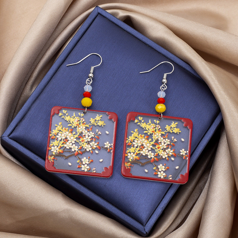 Designer Geometric Square Womens Branch And Flower Transparent Acrylic Earrings