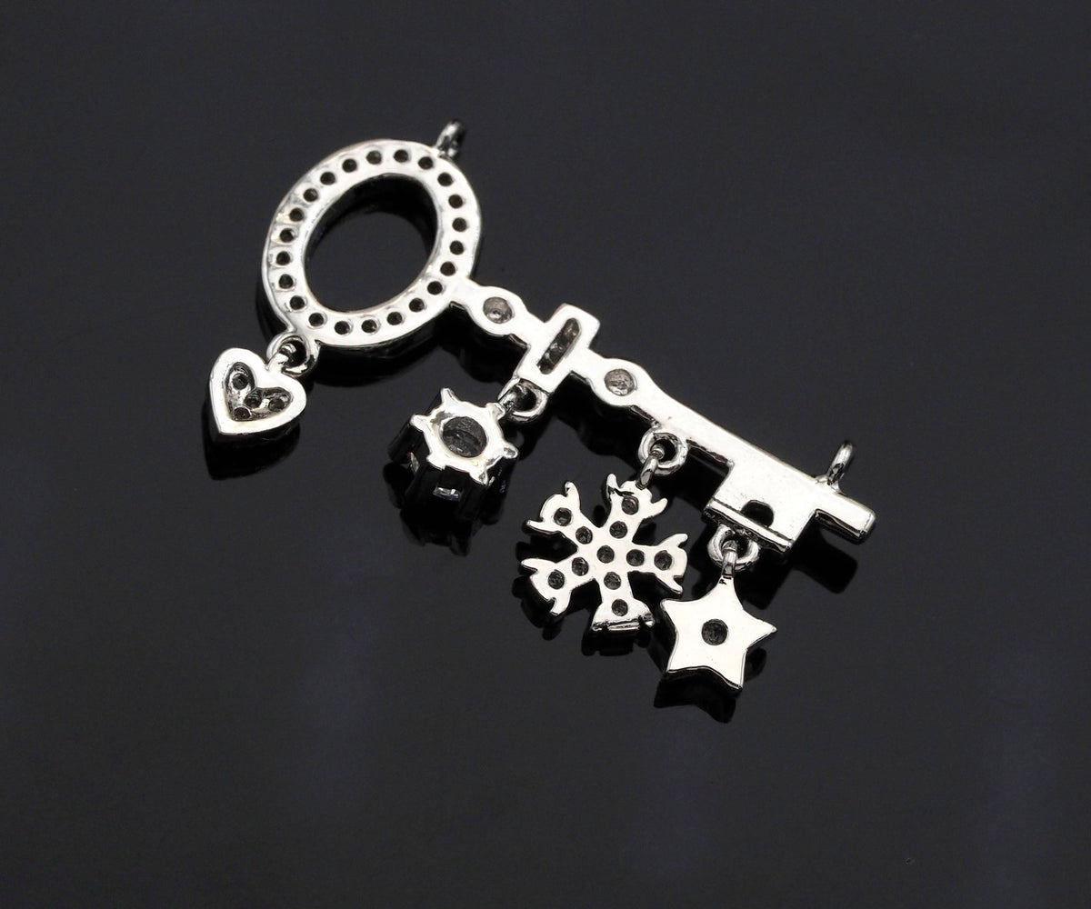 CZ Pave Star Flower Heart On Key Shape Charm, Sku#L290