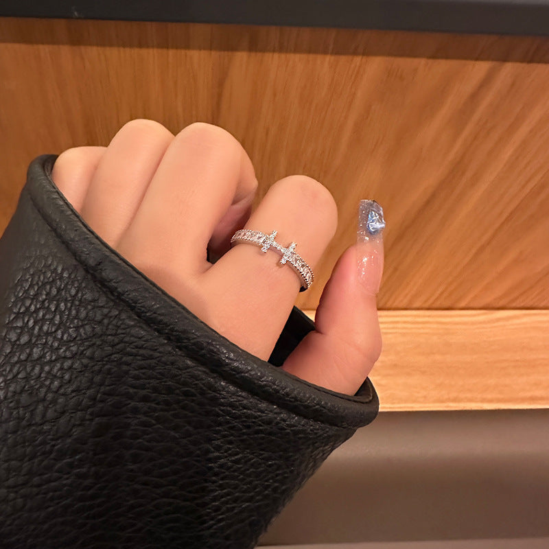 Elegant Light Luxury High-End Diamond Ring For Women, INS Versatile Open Index Finger Ring, Niche Simple Sparkling Zircon Band
