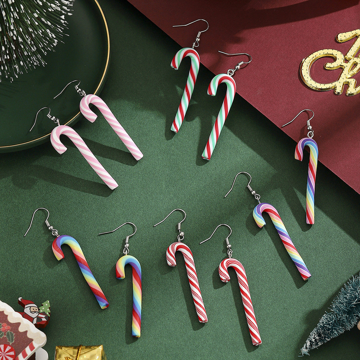 Cross-Border Personalized Christmas Alloy Earrings Christmas Hat Colorful Star Dot Diamond Christmas Tree Elk Gingerbread Man Earrings