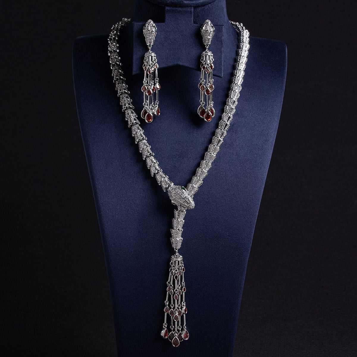 Serpentine Tassel Necklace with Diamonds and Zirconia