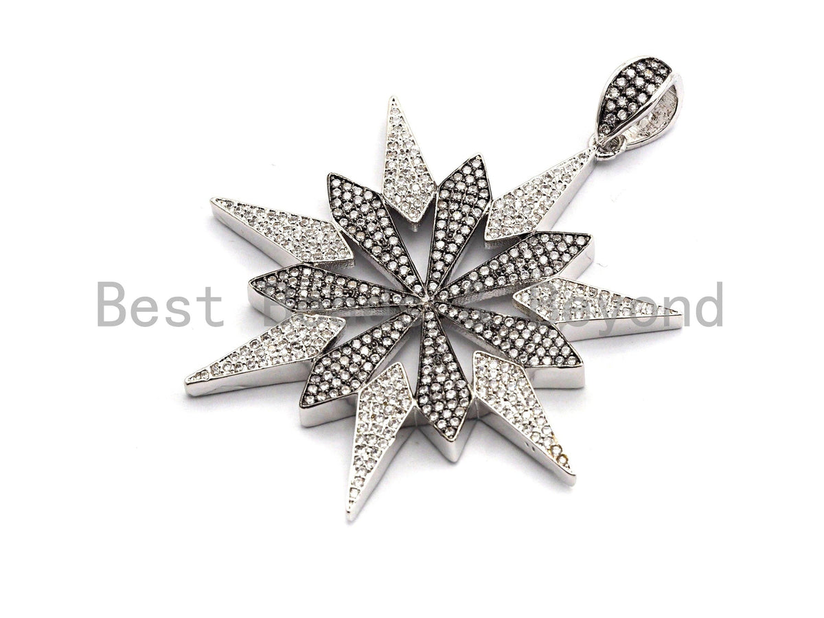 CZ Clear/Black Dual Color Micro Pave North Star Pendant, CZ Pave Pendant,Gold/Rose Gold/Silver/Gunmetal plated, 53x54mm,Sku#F804