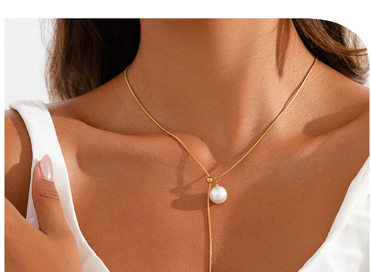 Pearl Snake Bone Chain Adjustable Sweater Chain Women's Luxury High-End Style Fall Winter Versatile Stainless Steel Necklace