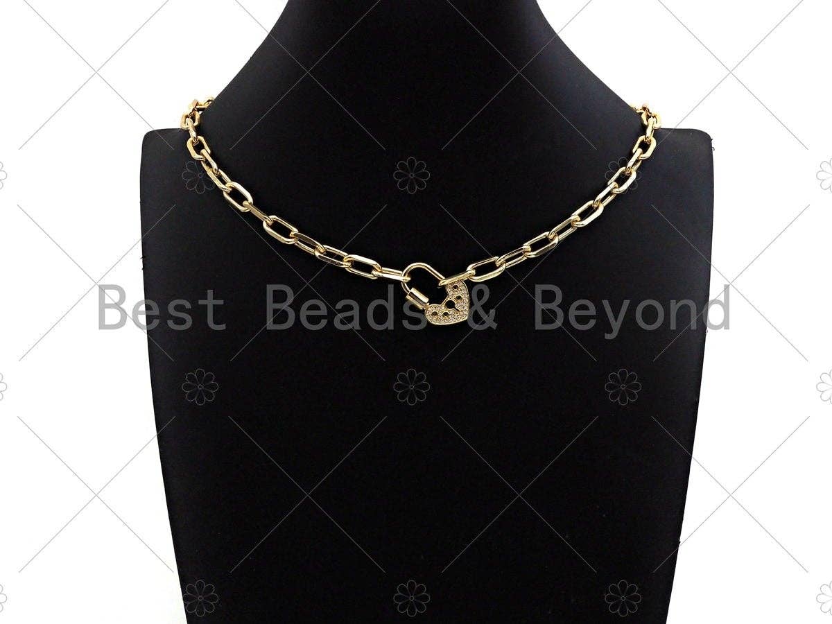 18K Gold Black Clear CZ Micro Pave Key Heart Lock Clasp, Gold Heart Padlock Charm, Heart Shape Clasp,Pave Lock,17x28mm,sku#K144