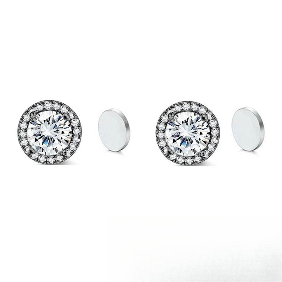 Magnetic CZ Round Halo Stud Earrings for Men Women, Non-Piercing Clip On Studs, Round Cubic Zirconia Stainless Steel