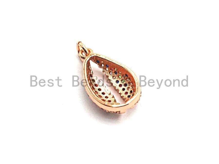 CZ Rainbow Micro Pave Pendant,CZ Paved Cowire Shell Shape Charm, Gold/Silver/Rose Gold/Black Cowire Pendant, 18x11mm, Sku#F747