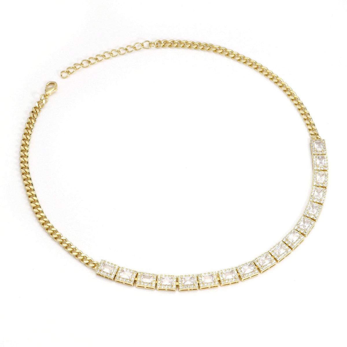 Clear Green Square CZ Gold Link Chain Adjustable Necklace,sku#LX239