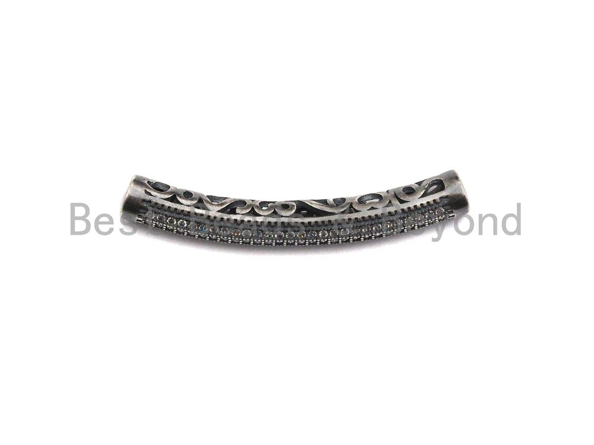 Antique Silver Color CZ Micro Pave Tube for Bracelet/Necklace, Cubic Zirconia Separator Tube in Oxidized Silver, 5x40mm, sku#X123
