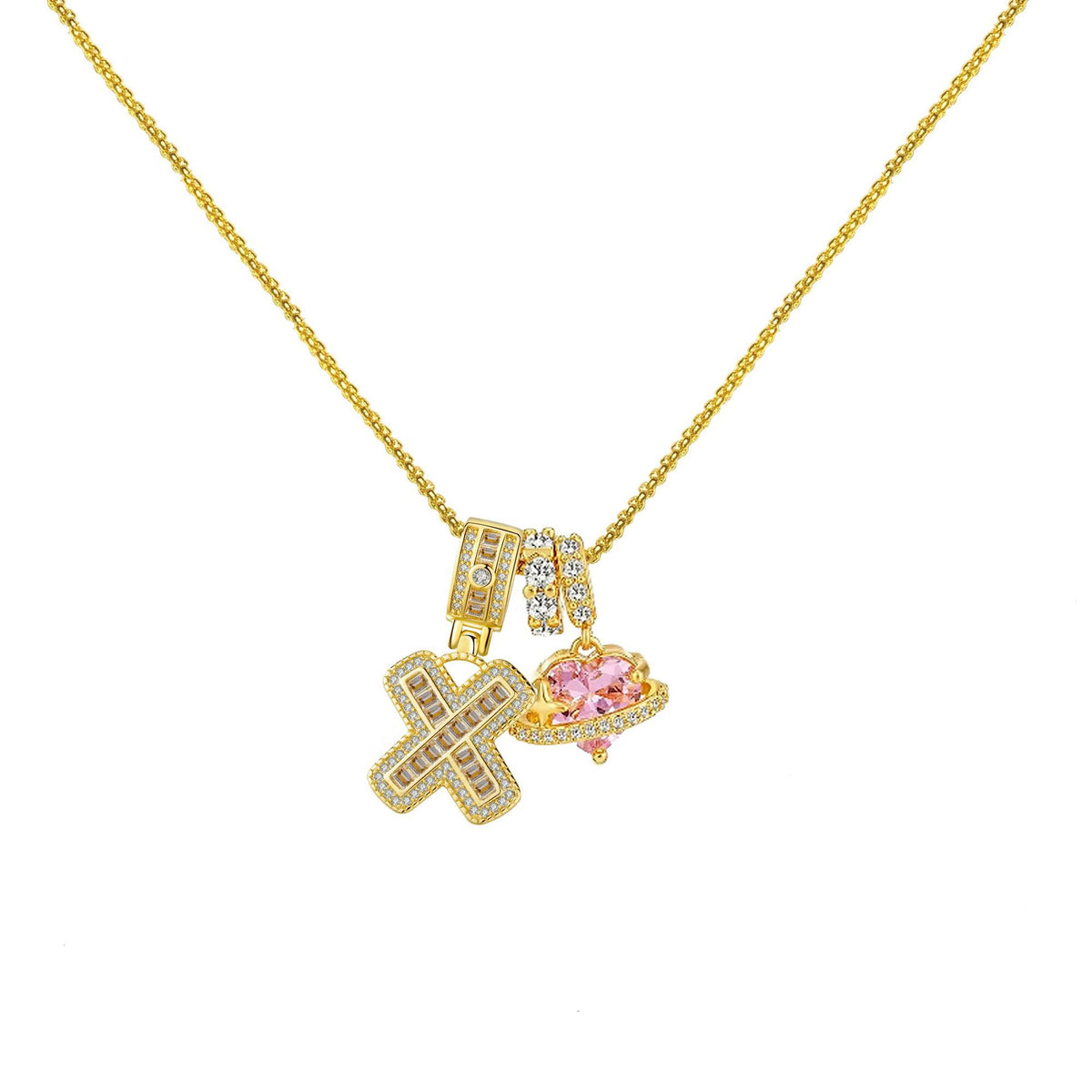 Gold-Plated Copper Planet Heart Pendant Necklace With Diamonds