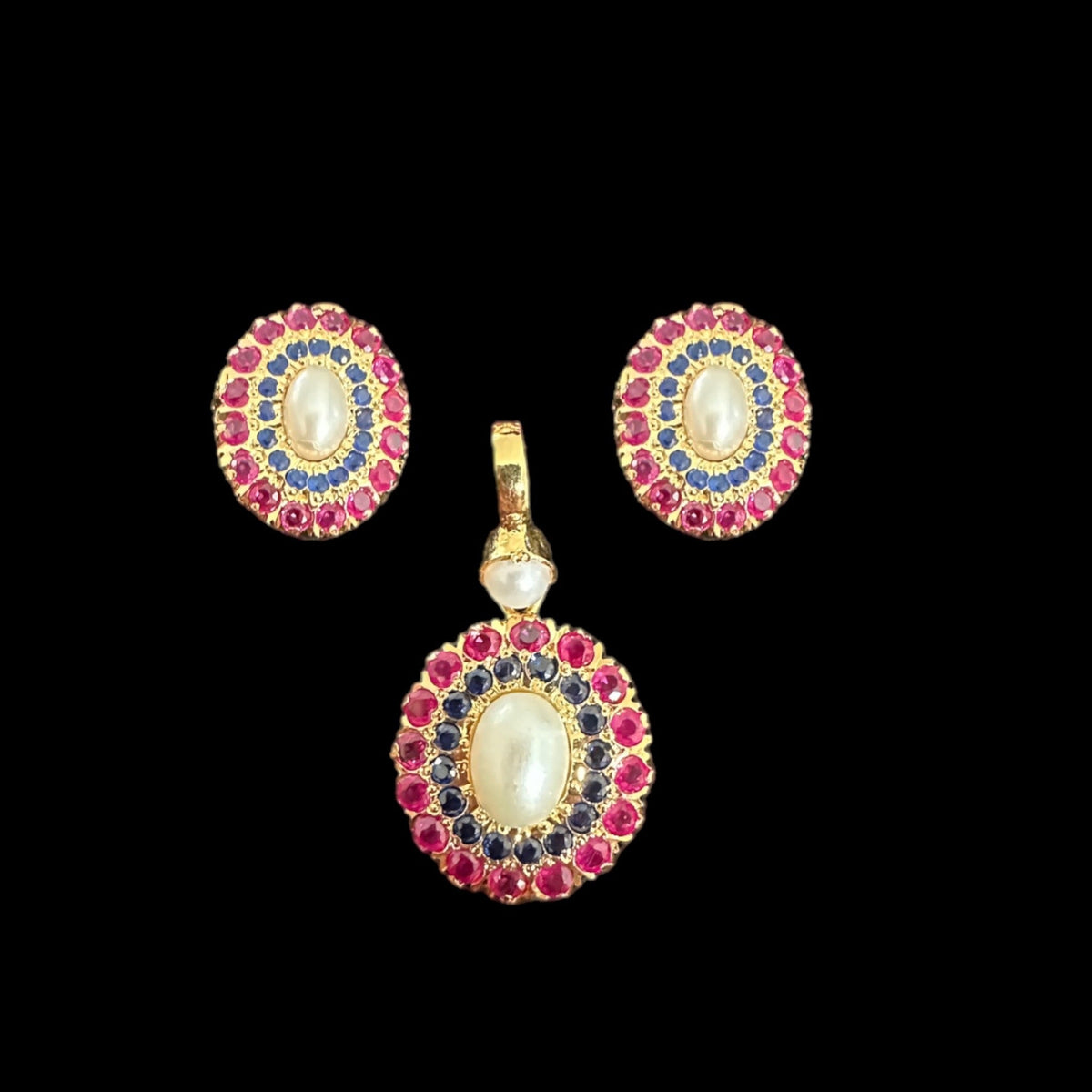 Gold plated jadau silver pendant set in ruby sapphire  ( SHIPS IN 5 WEEKS  )
