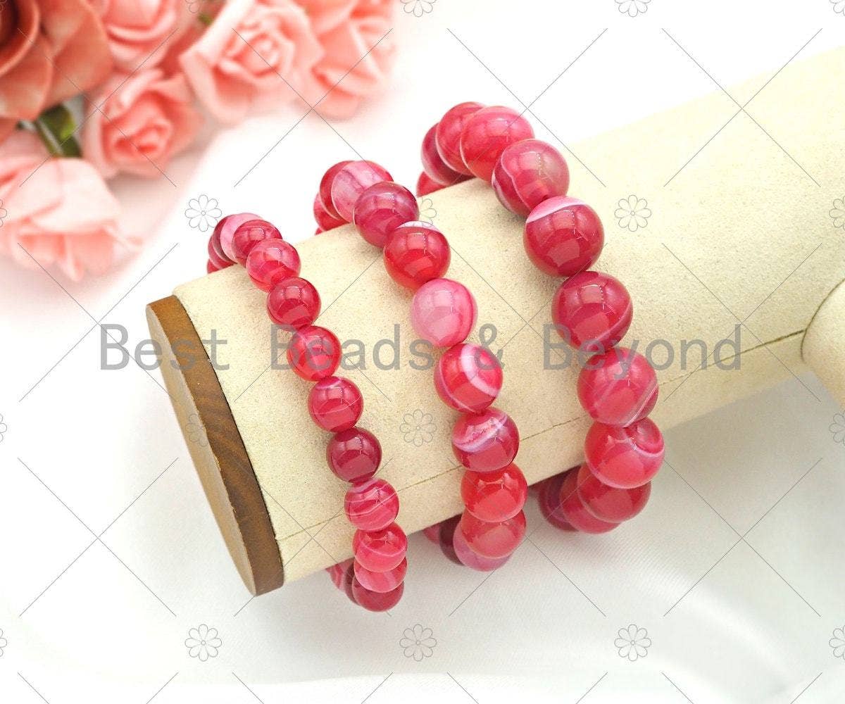 Natural Hot Pink Banded Agate Stretchy Bracelet. Sku#EF13
