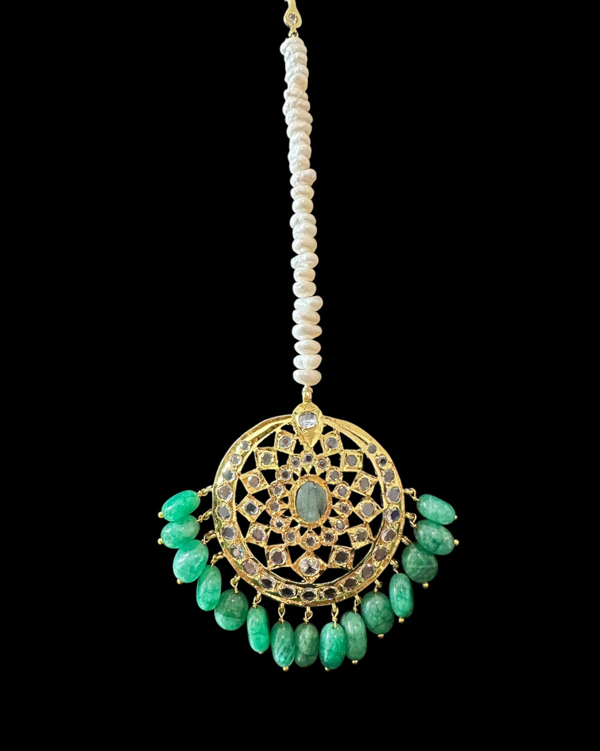 BR482 Insia Hyderabadi bridal set in emeralds with fresh water pearls ( READY TO SHIP )