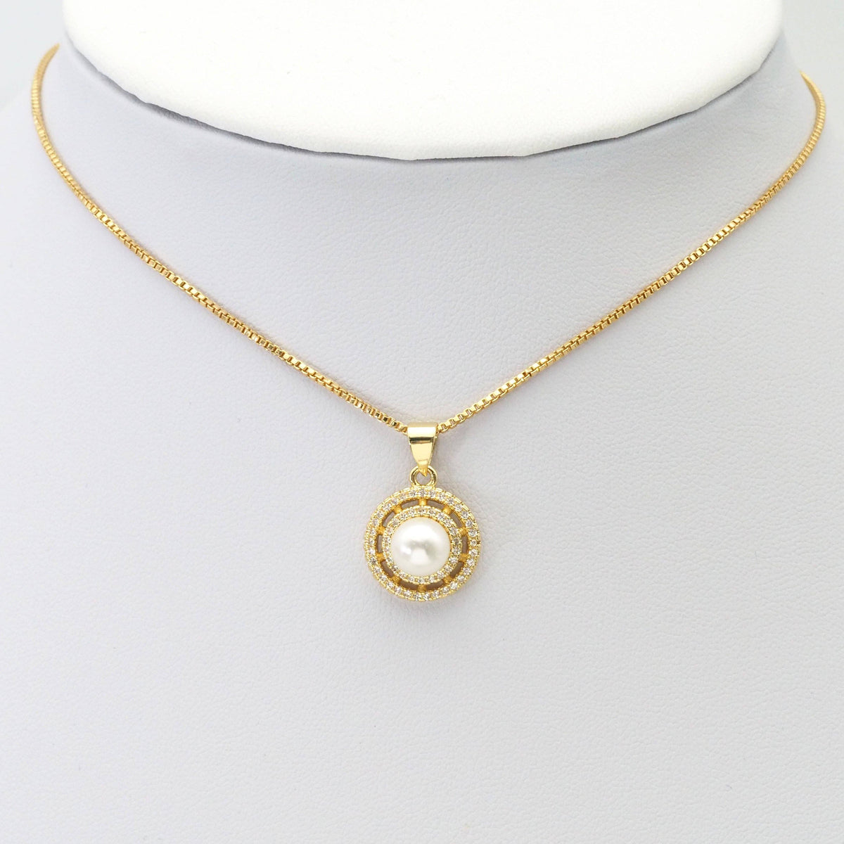 Clear CZ Gold White Pearl Round Charm, Sku#LK818