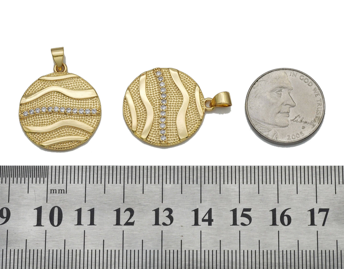 CZ Gold Wave Line Medallion Coin Charm, Sku#LK753