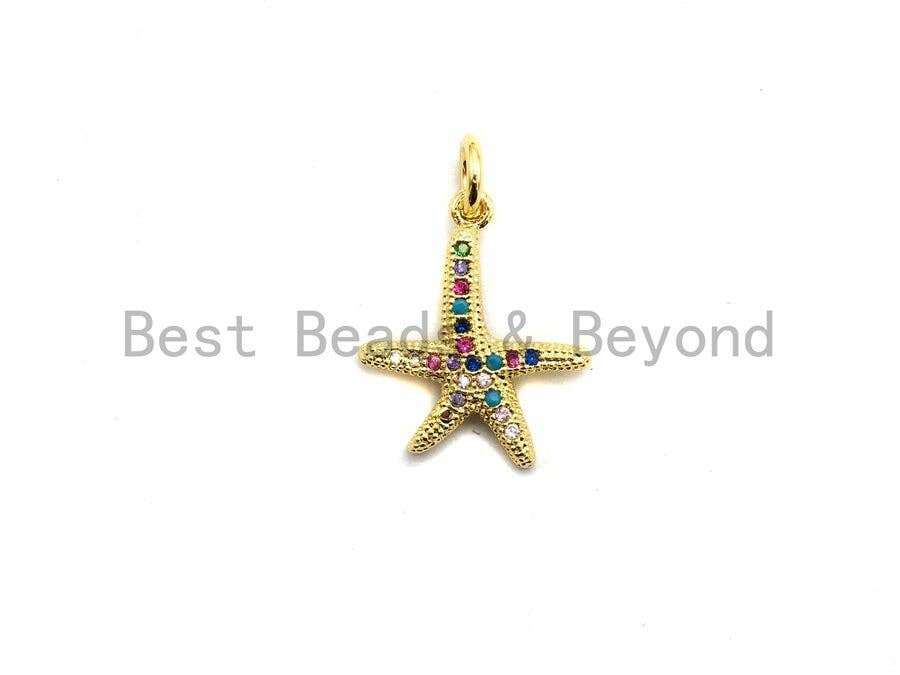 CZ Colorful Micro Pave Starfish Pendant, Starfish ar Shaped Pave Pendant, Gold plated, 13x15mm, Sku#F686