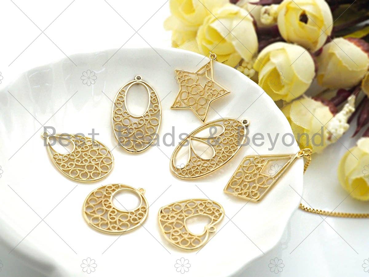Filigree Gold Lacy Charm, Oval/Teardrop/Star/Heart Diamond Shape Brushed Gold Charm, Wire Charm, sku#CP11C