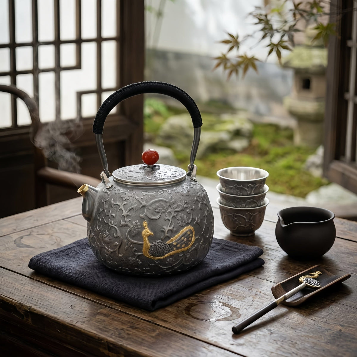 Pure 999 Fine Silver Ornate Handcrafted Silver Teapot Featuring Exquisite Peacock Relief and Crimson Gemstone Finial - Handicraft