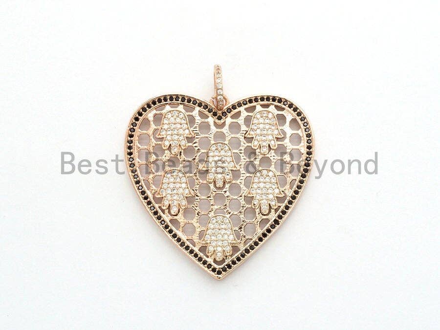 CZ Micro Pave Heart Pendant with hamsa hand, Large Heart Shaped Pendant, Hamsa Hand,Gold/Rose Gold/Silver/Gunmetal plated, 40x41mm, Sku#F558