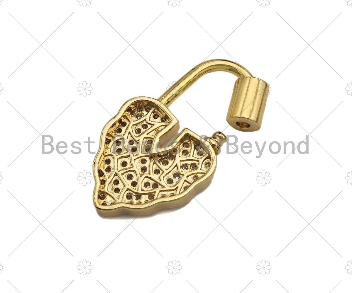 18K Gold Clear CZ Micro Pave Leaf Heart Fancy Lock Clasp, Heart Shape Clasp, Pave Lock, Gold Claps, 17x30mm,sku#K149