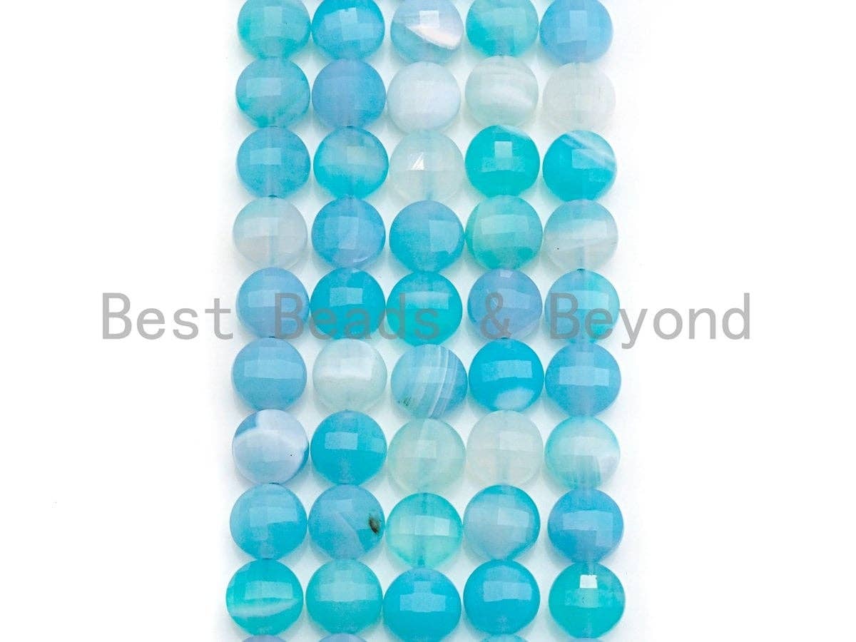 SPECIAL Double Sided Turtle Shell Cut Natural Agate Coin Shape beads, 10mm Checkerboard Cut Blue Agate Beads, 16" Full strand, Sku#U763