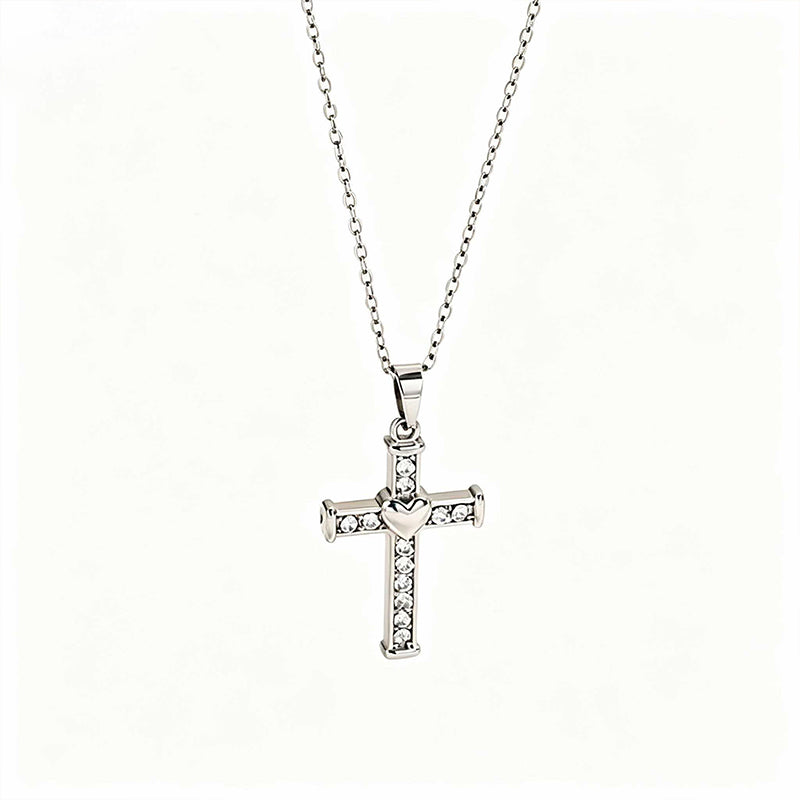 Stainless Steel Inlaid Rhinestone Heart-shaped Cross Pendant Necklace