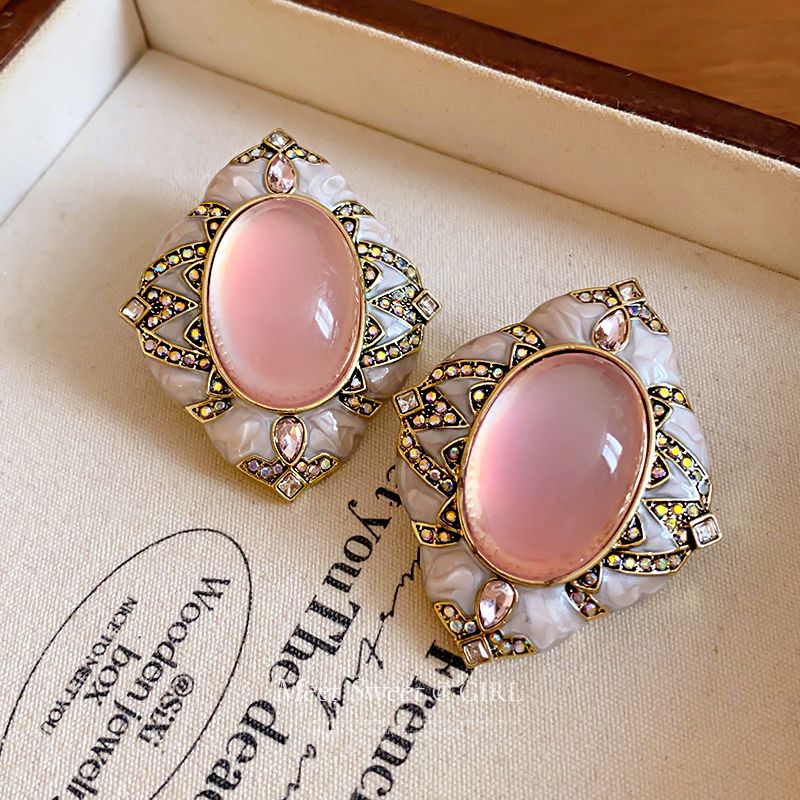 Niche Vintage Retro Earrings, Oval & Rhombus Diamond Studs, Luxury High-end Ear Jewelry