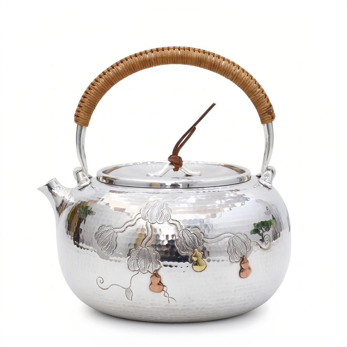 Pure 999 Fine Silver Handcrafted Hammered Silver Teapot with Gourd Vine Relief and Rattan Handle - Handicraft