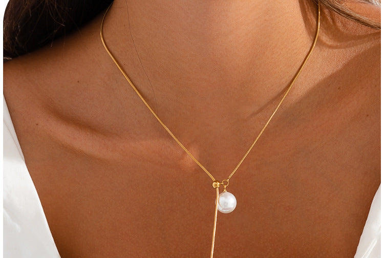 Pearl Snake Bone Chain Adjustable Sweater Chain Women's Luxury High-End Style Fall Winter Versatile Stainless Steel Necklace
