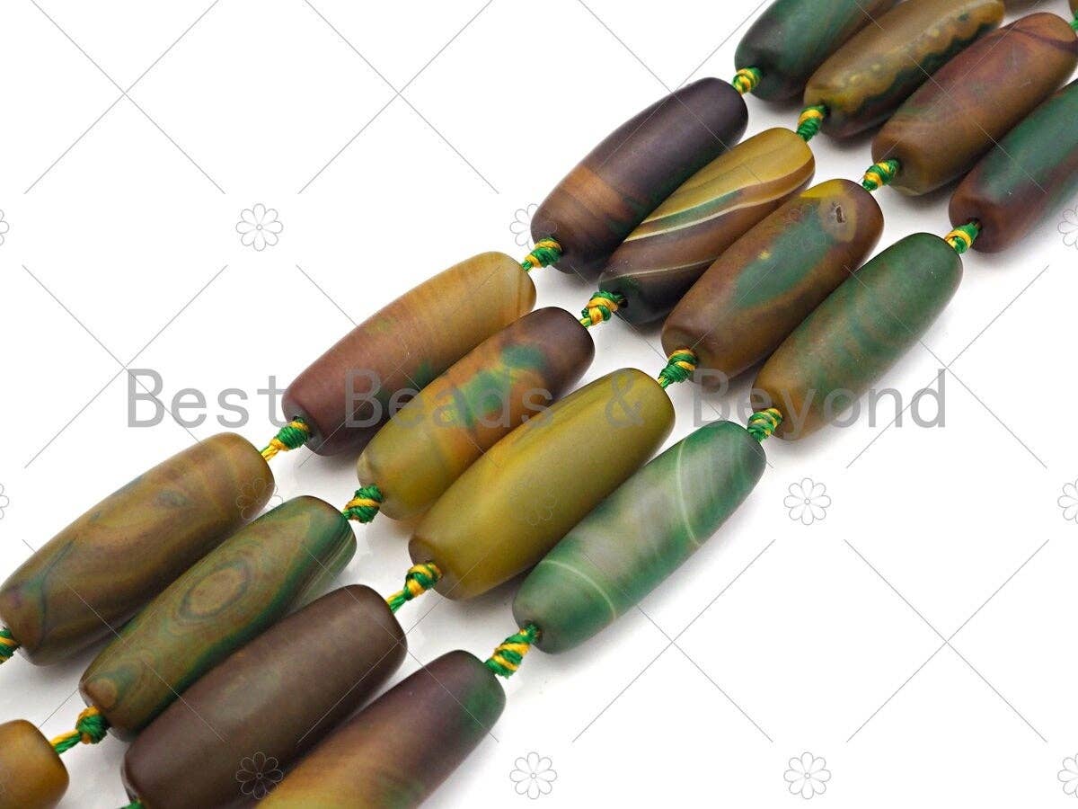 Natural Matt Green Brown Agate Barrel Spacer Beads, Tibetan