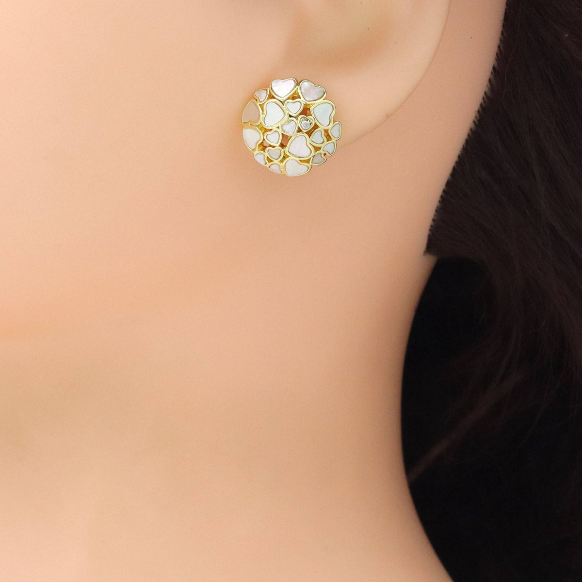 White Pearl Cluster Heart Gold Round Stud Earrings, Sku#LX724