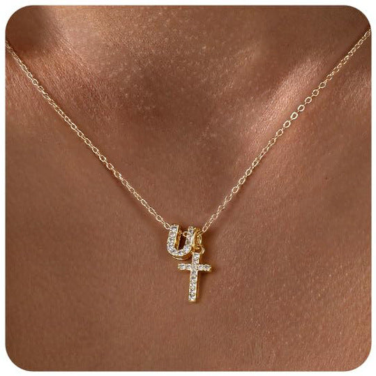 Zircon Inlaid 26 Letter Cross English Necklace