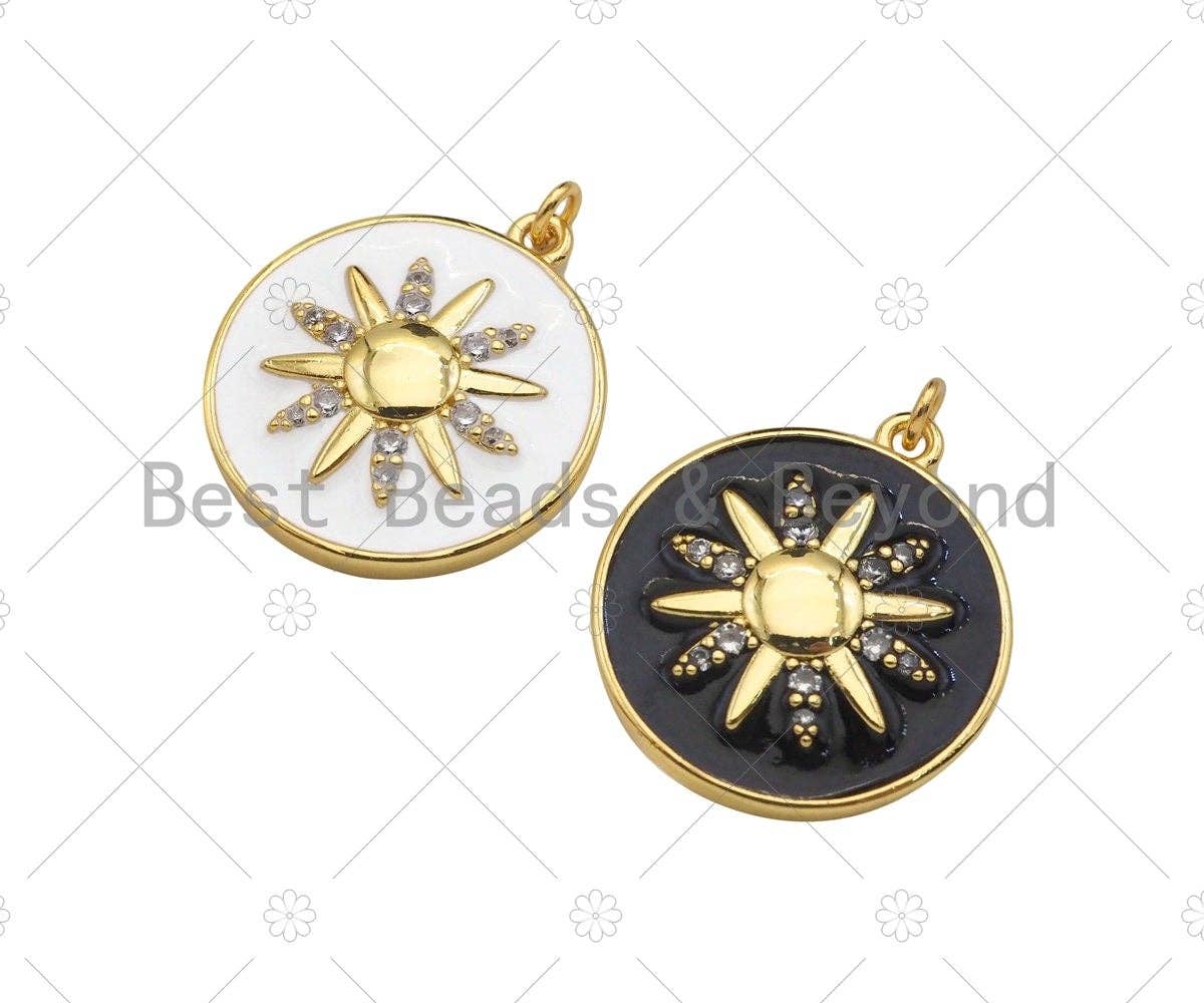 18K Gold Sunflower On Black White Enamel Round Coin Shape Pendant,CZ Micro Pave Enamel Medallion Charm, Enamel Jewelry, 24x21mm,Sku#B132