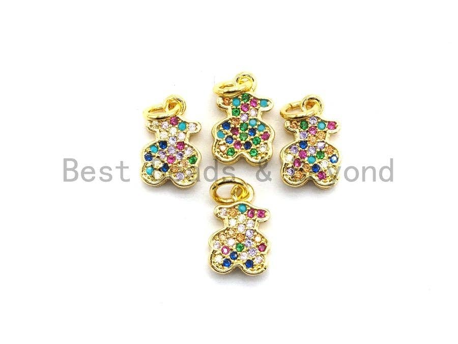 CZ Colorful Micro Pave Teddy Bear Pendant, Teddy Bear Shaped Pave Pendant, Gold plated, 8x12mm, Sku#F725C