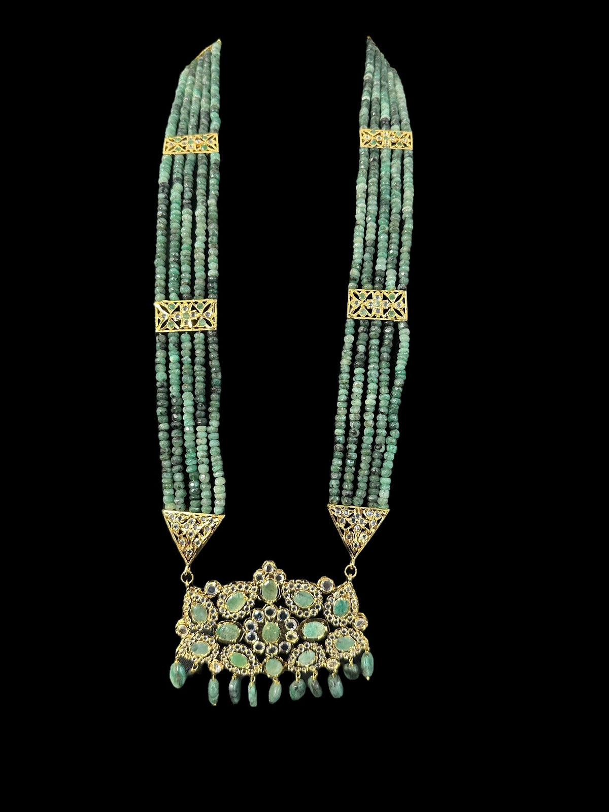 DLN125 SHARNAZ Gold plated Rani haar in real emerald beads ( SHIPS IN 4 WEEKS  )