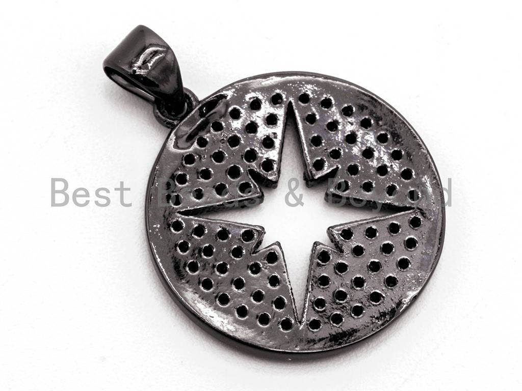 Black CZ Pave On Black Micro Pave Hollow Star Round Pendant/Charm, Cubic Zirconia Pendant, 18x21mm, F374