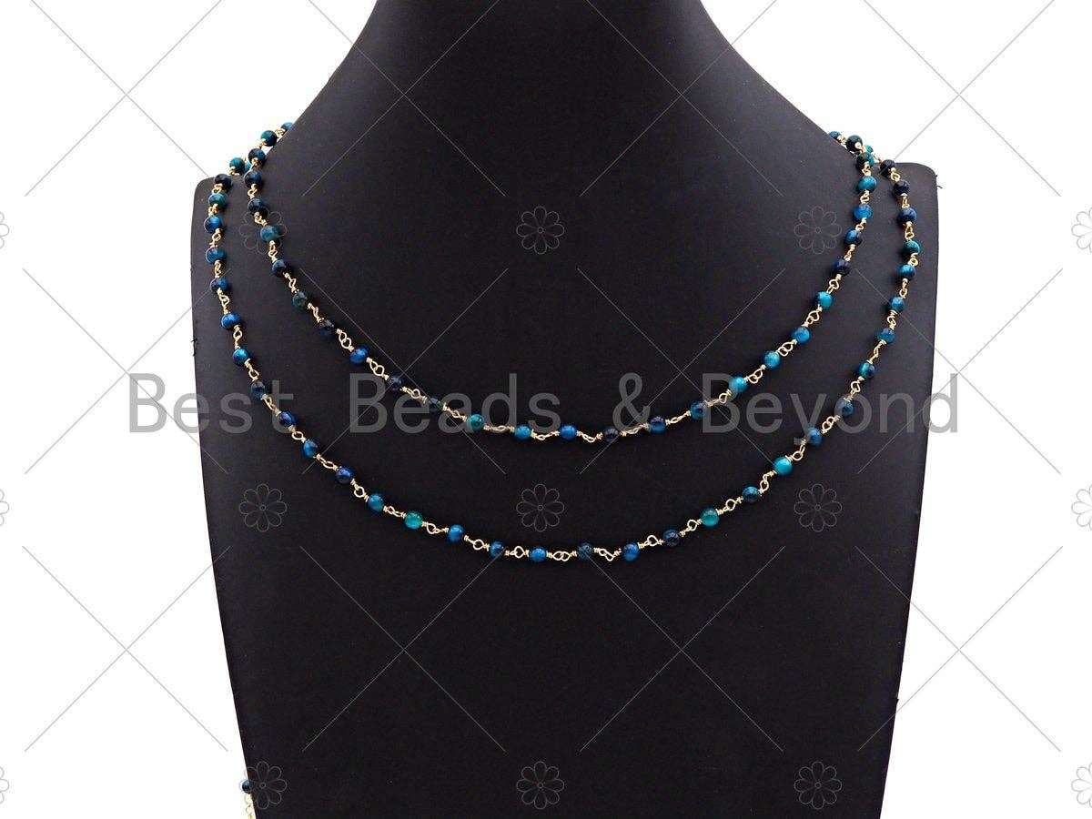 Multicolor/Blue/Green/Purple High Quality Tiger Eye Rosary Chain, 4mm Beaded Chain, Wire Wrapped Gold Chain,Sku#V76