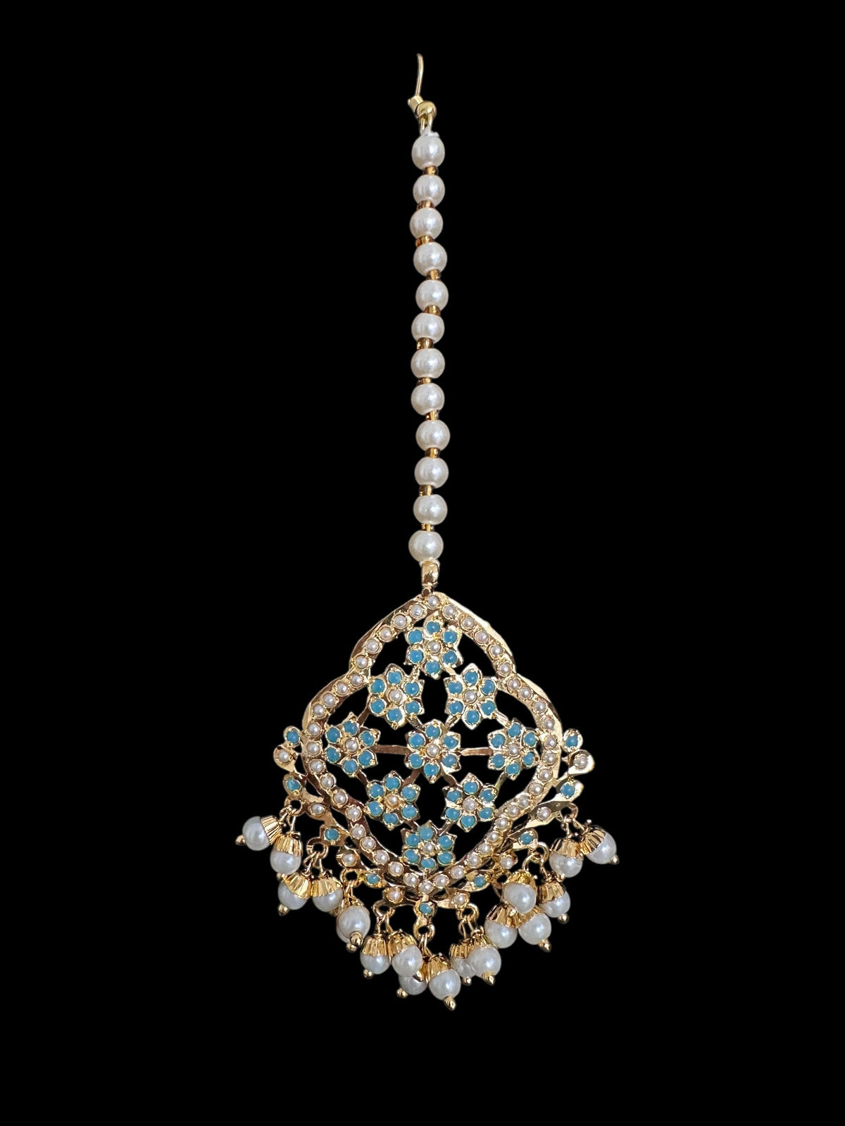 DJET91 Mehru Jadau chandbali earrings tika in turquoise/feroza pearls ( READY TO SHIP )