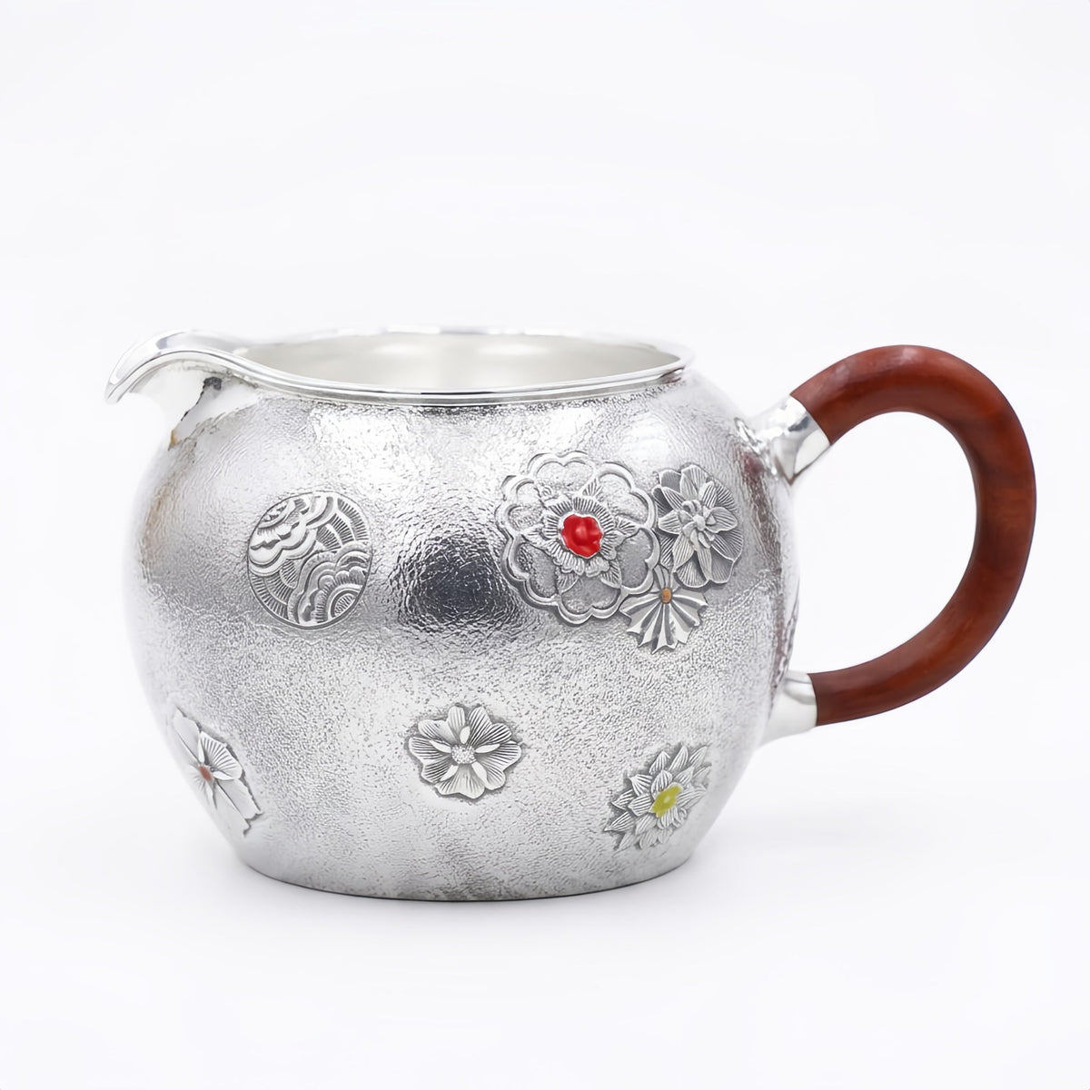 Pure 999 Fine Silver Handcrafted Silver Tea Fair Cup with Floral Relief and Wooden Handle - Handicraft
