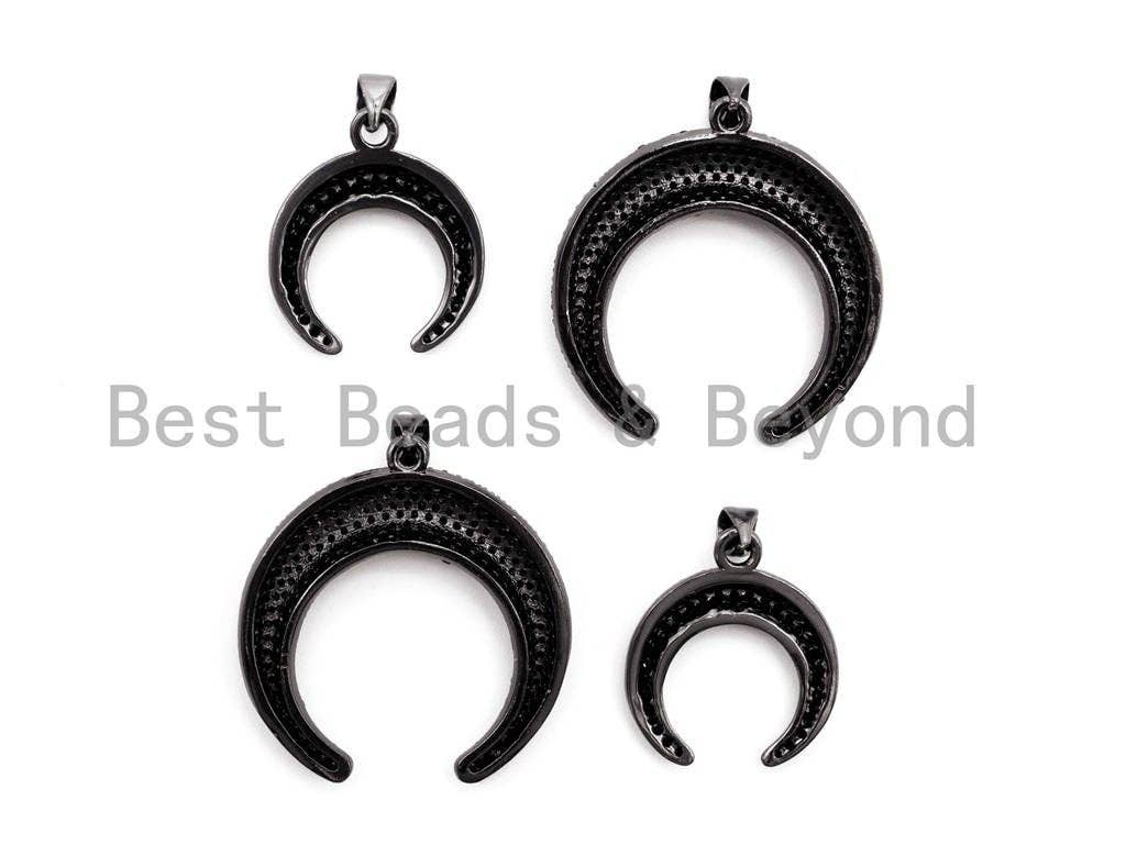 Black CZ Pave On Black Micro Pave Crescent Moon Charm Beads, Micro Paved Horn Pendant,30x31/19x22mm, sku#F399